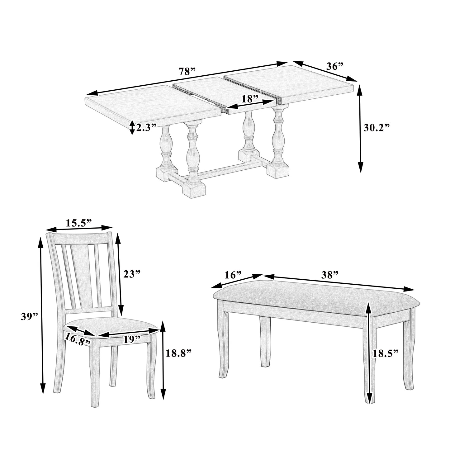 Traditional 6-Piece 78inch Trestle Extendable Dining Table Set with One 18inch Removable Leaf, Padded Dining Chairs and Bench,Distressed White