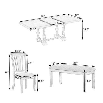 Traditional 6-Piece 78inch Trestle Extendable Dining Table Set with One 18inch Removable Leaf, Padded Dining Chairs and Bench,Distressed White