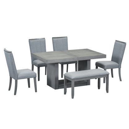 Contemporary 6-Piece 78inch Extendable Pedestal Dining Table Set with 18inch Removable Leaf and Dining Bench, 4 Upholstered Dining Chairs, Natural