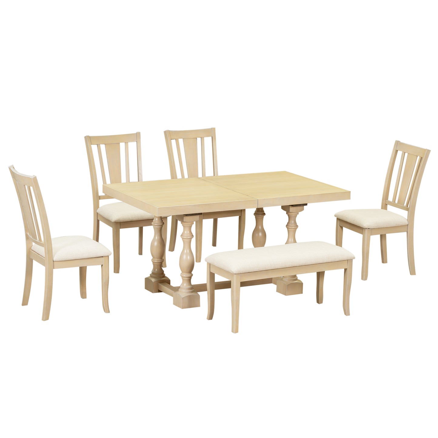 Traditional 6-Piece 78inch Trestle Extendable Dining Table Set with One 18inch Removable Leaf, Padded Dining Chairs and Bench,Distressed White