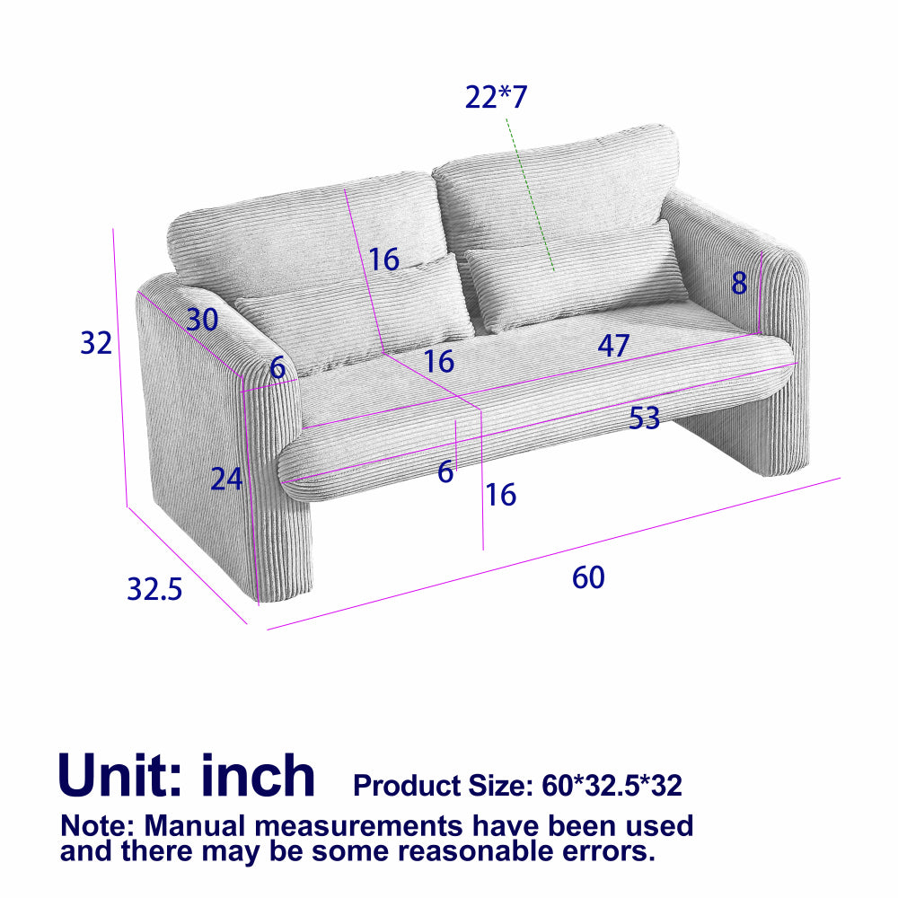 60"Corduroy Fabric  Sofa, Modern Lounge Chairs Loveseat Sofa with Support Pillow , for Apartment, Office, Living Room & Bedroom