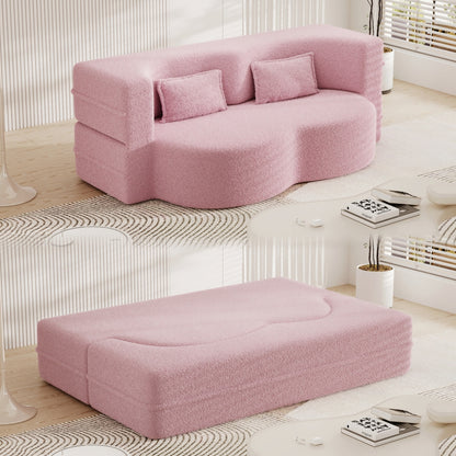 Modern Floor Sofa with 2 Pillows,Convertible Teddy Fabric Foam-Filled Sleeper Sofa Bed,15" Full Size Folding Mattress for Living Room