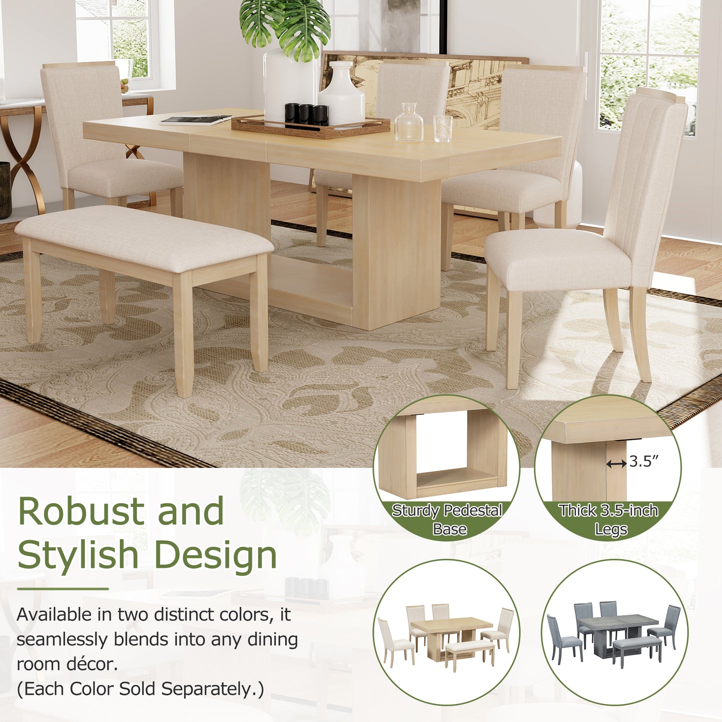 Contemporary 6-Piece 78inch Extendable Pedestal Dining Table Set with 18inch Removable Leaf and Dining Bench, 4 Upholstered Dining Chairs, Natural