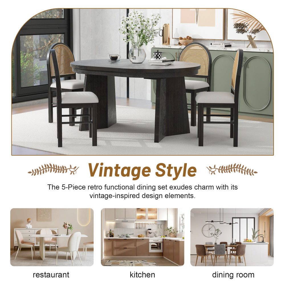 5-Piece Retro Functional Dining Set with 1 Extendable Dining Table and 4 Upholstered Chairs