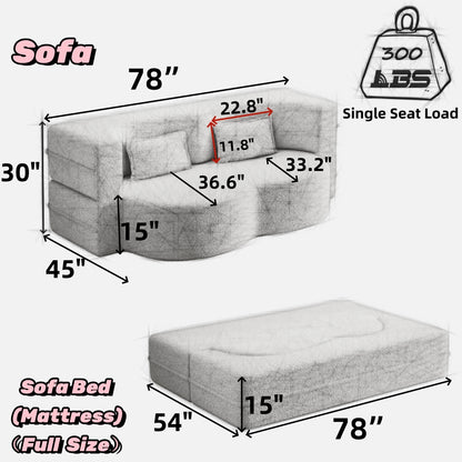 Modern Floor Sofa with 2 Pillows,Convertible Teddy Fabric Foam-Filled Sleeper Sofa Bed,15" Full Size Folding Mattress for Living Room