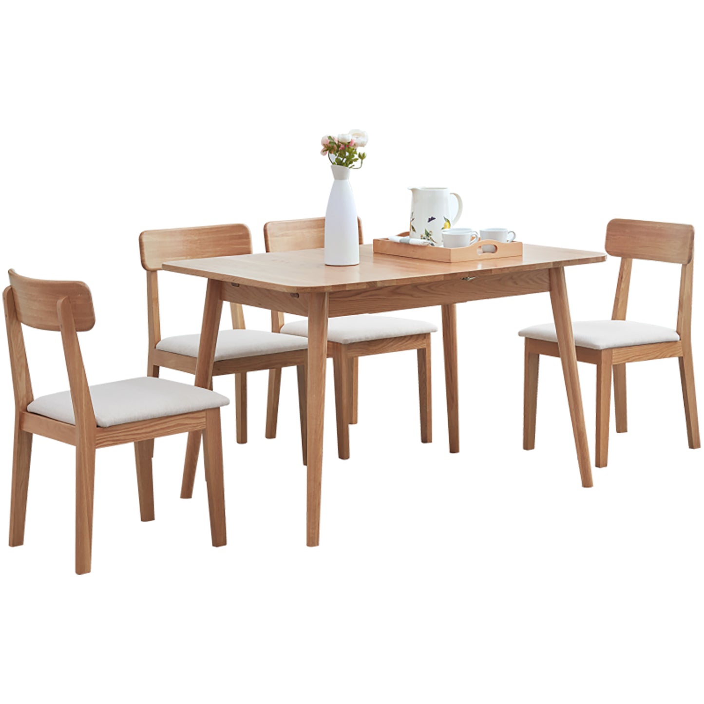 Natural solid oak round corner diagonal leg telescopic dining table 1.2-1.6m