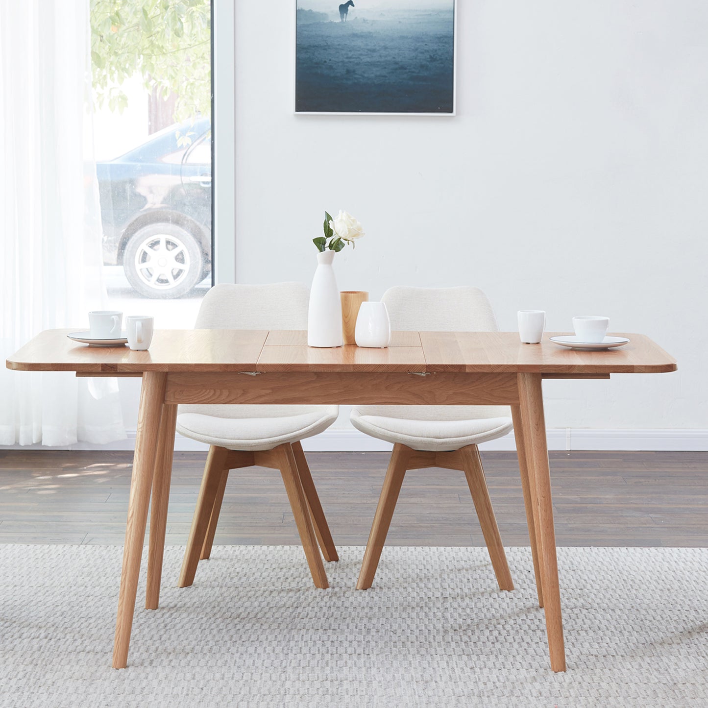 Natural solid oak round corner diagonal leg telescopic dining table 1.2-1.6m