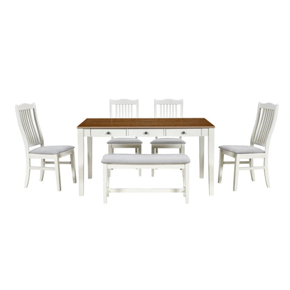 Mid-Century 6-Piece Wood Dining Table Set, Kitchen Table Set with Drawer, Upholstered Chairs and Bench, Butter Milk