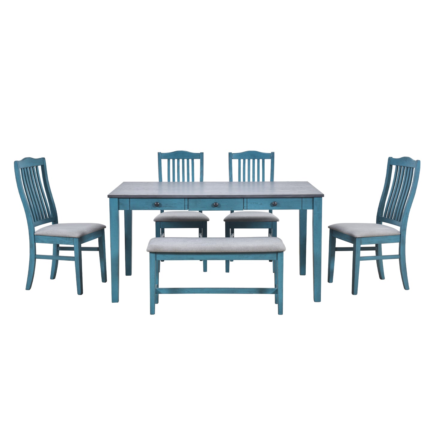 Mid-Century 6-Piece Wood Dining Table Set, Kitchen Table Set with Drawer, Upholstered Chairs and Bench, Butter Milk