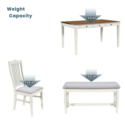 Mid-Century 6-Piece Wood Dining Table Set, Kitchen Table Set with Drawer, Upholstered Chairs and Bench, Butter Milk