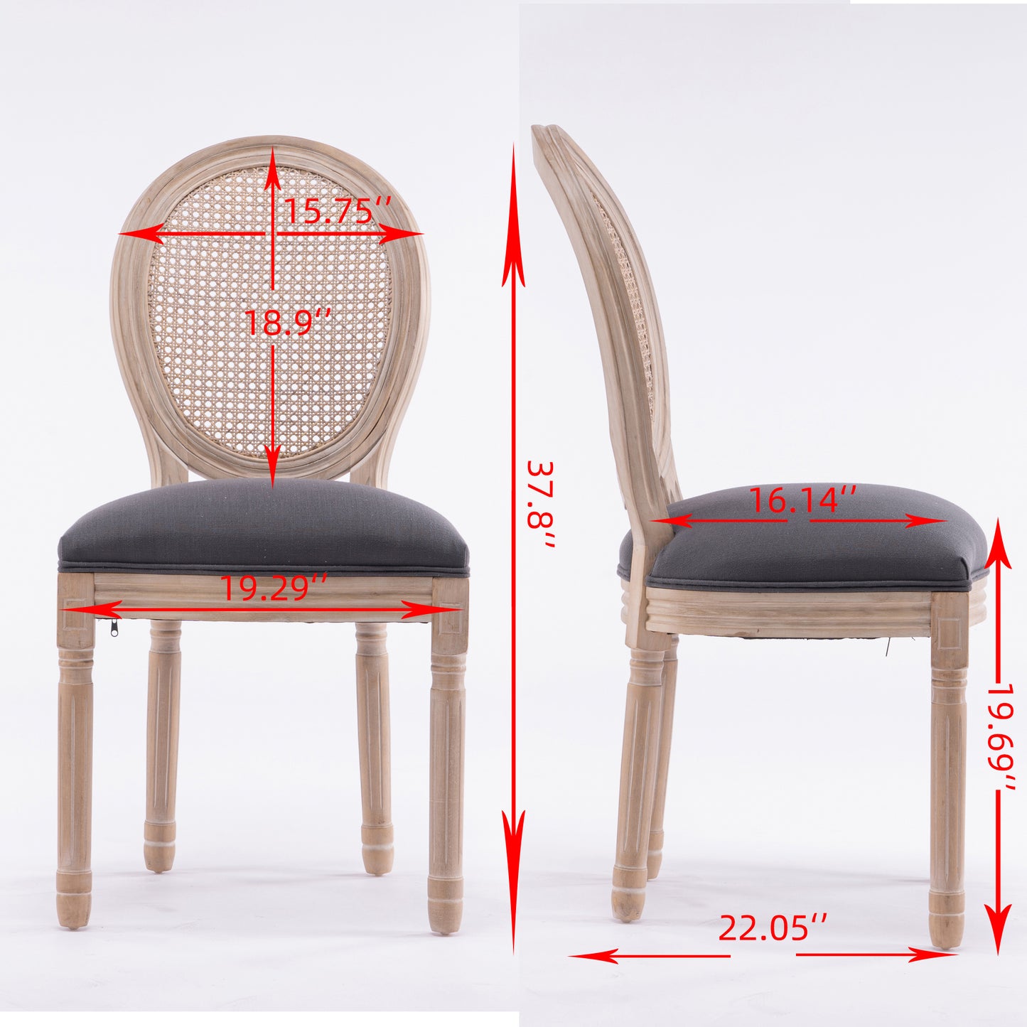 French Style Solid Wood Frame  Linen Fabric Rattan Back Dining Chair,Set of 2