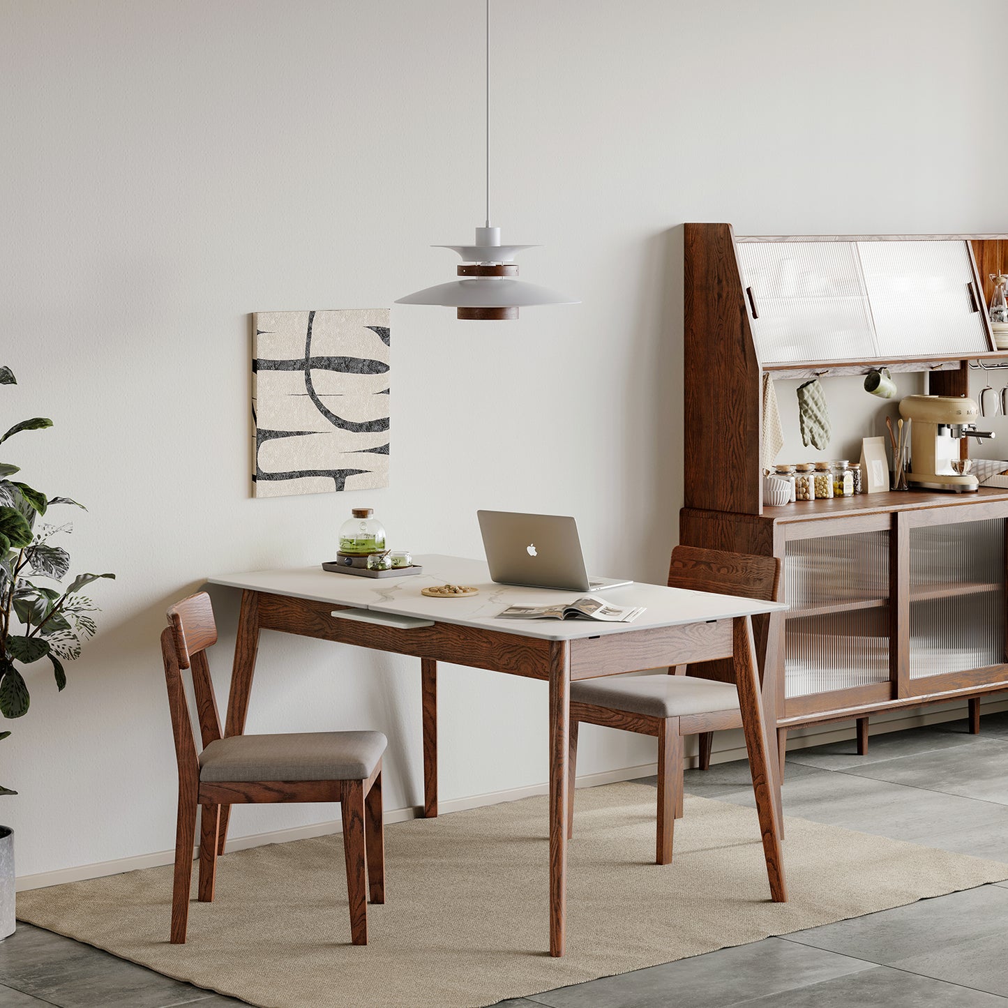 Walnut solid oak and white slate round corner diagonal leg telescopic table 1.2-1.5m