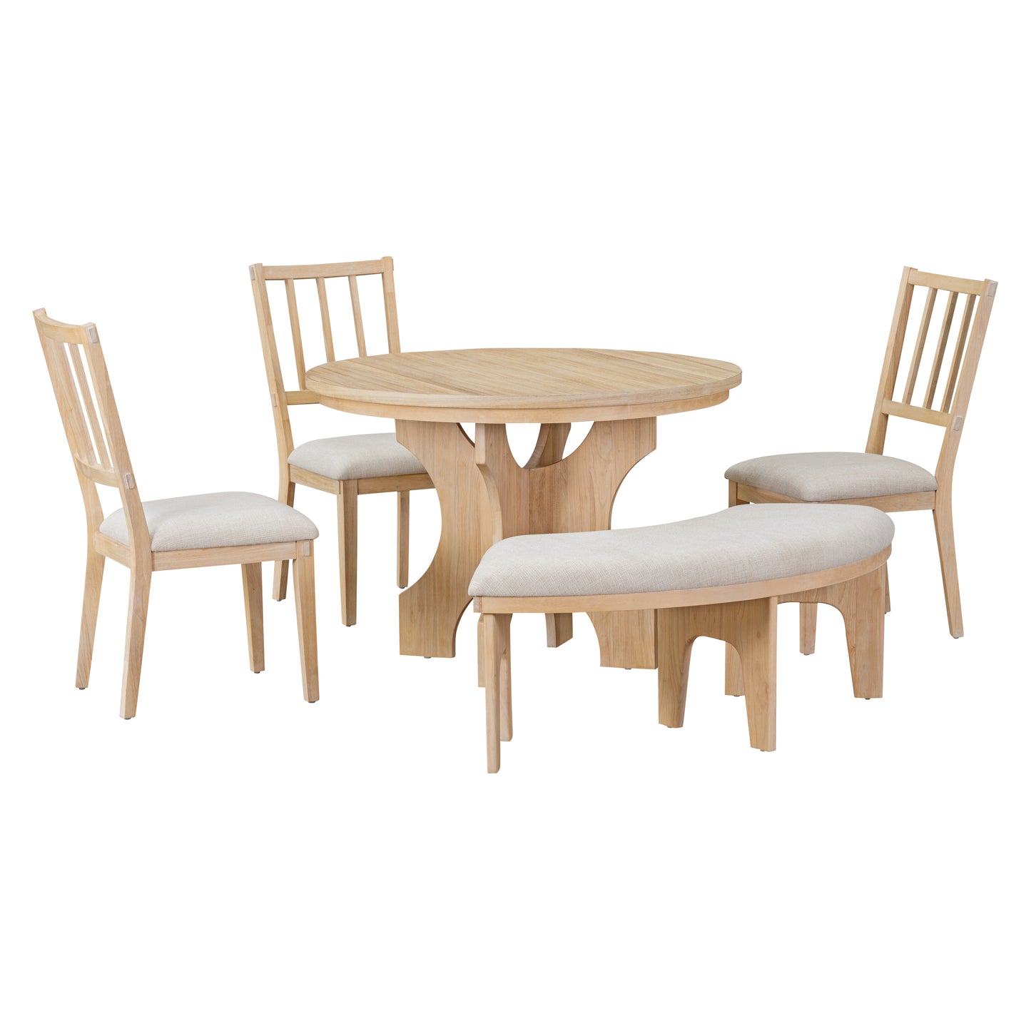 5-Piece Dining Table Set, 44" Round Dining Table with Curved Bench & Side Chairs for 4-5 People