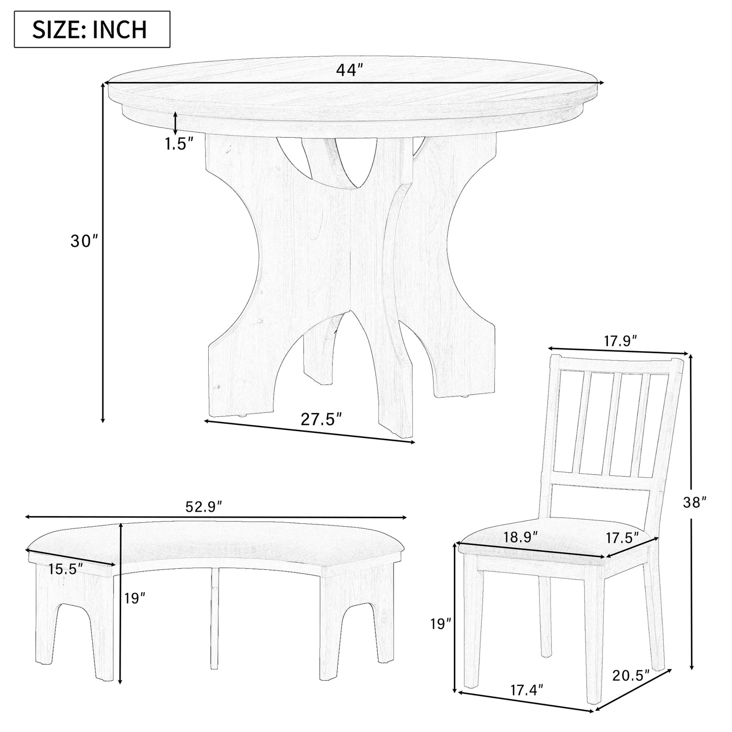 5-Piece Dining Table Set, 44" Round Dining Table with Curved Bench & Side Chairs for 4-5 People