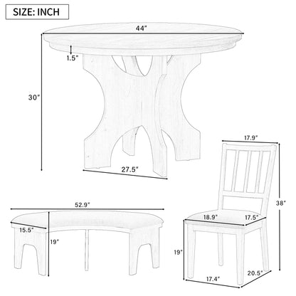 5-Piece Dining Table Set, 44" Round Dining Table with Curved Bench & Side Chairs for 4-5 People