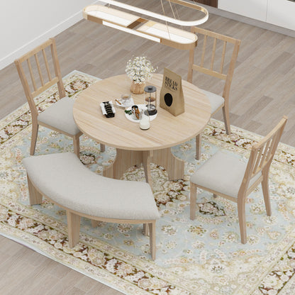 5-Piece Dining Table Set, 44" Round Dining Table with Curved Bench & Side Chairs for 4-5 People