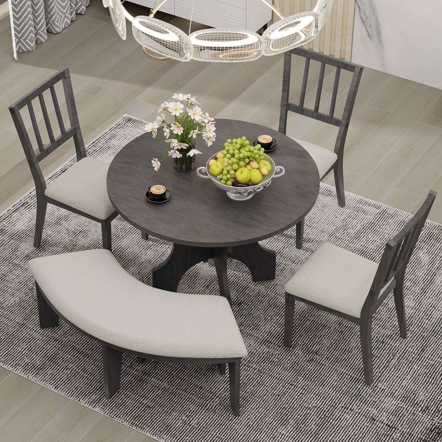 5-Piece Dining Table Set, 44" Round Dining Table with Curved Bench & Side Chairs for 4-5 People