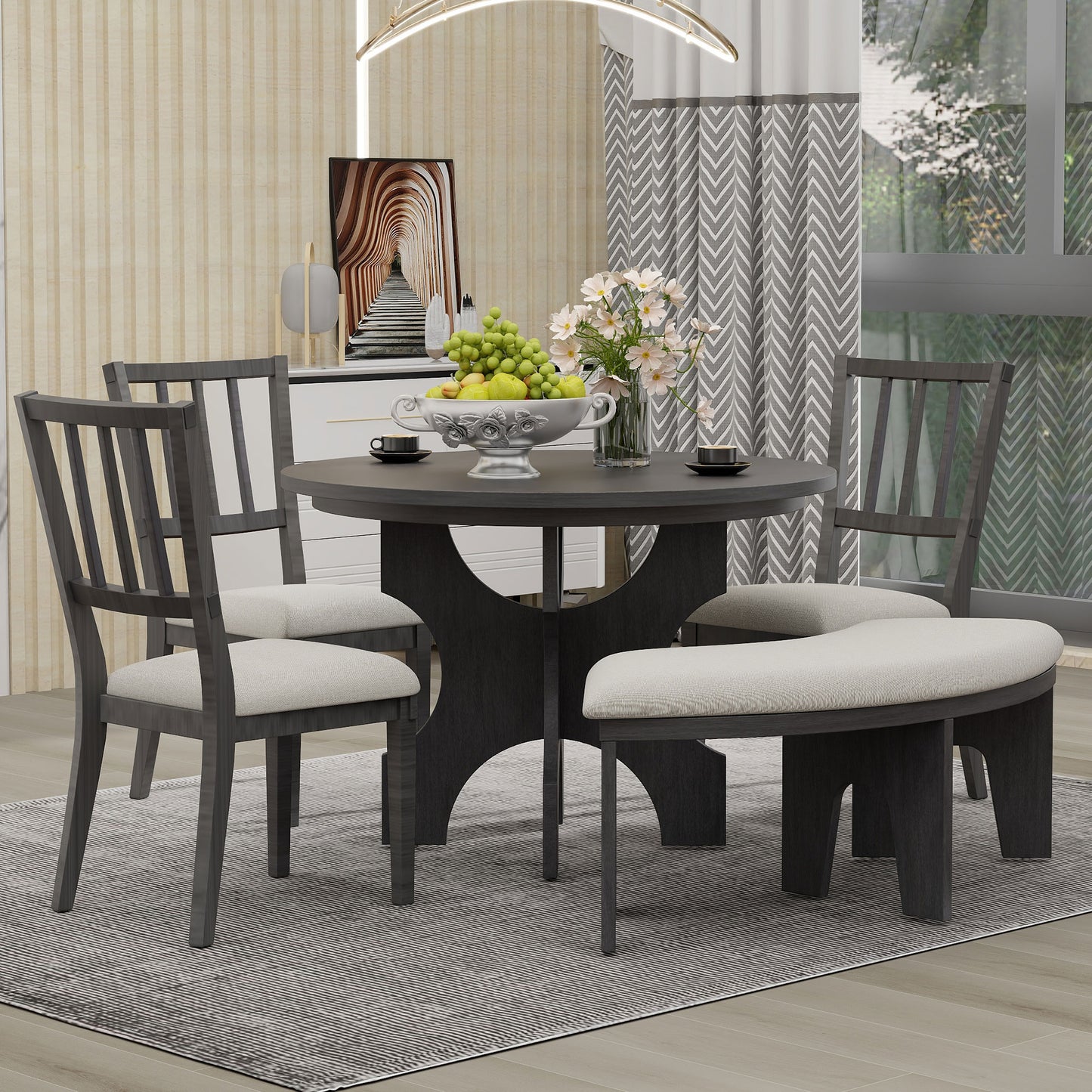 5-Piece Dining Table Set, 44" Round Dining Table with Curved Bench & Side Chairs for 4-5 People