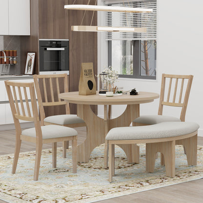 5-Piece Dining Table Set, 44" Round Dining Table with Curved Bench & Side Chairs for 4-5 People