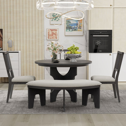 5-Piece Dining Table Set, 44" Round Dining Table with Curved Bench & Side Chairs for 4-5 People