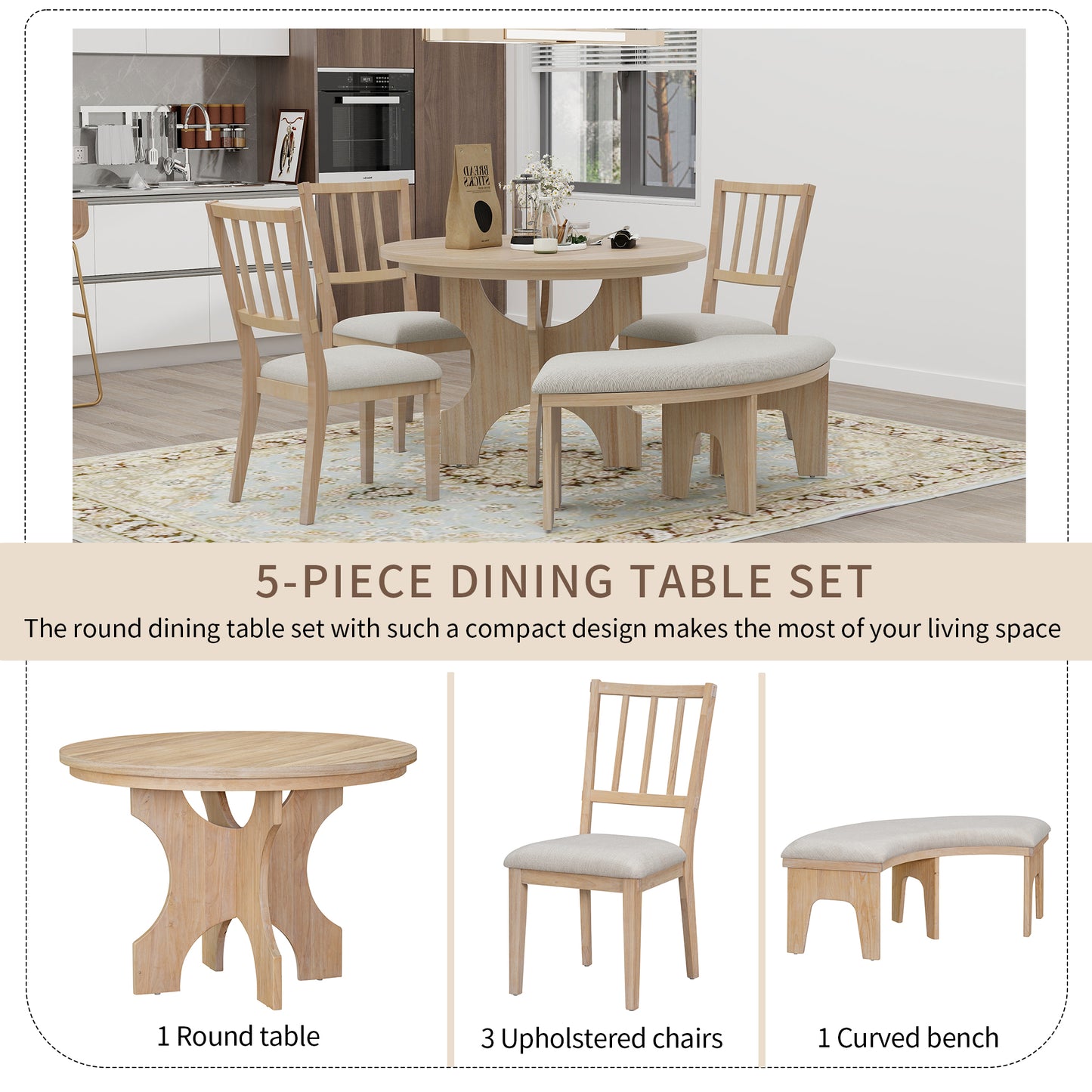 5-Piece Dining Table Set, 44" Round Dining Table with Curved Bench & Side Chairs for 4-5 People