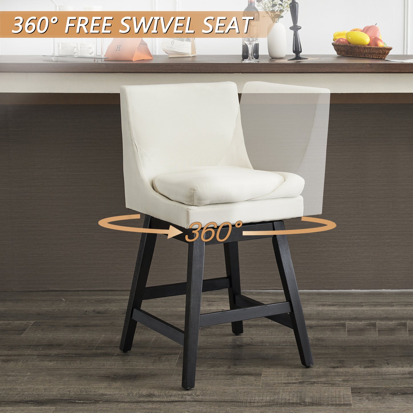 26" Upholstered Swivel Bar Stools Set of 2  Ergonomic Design and Wood Frame