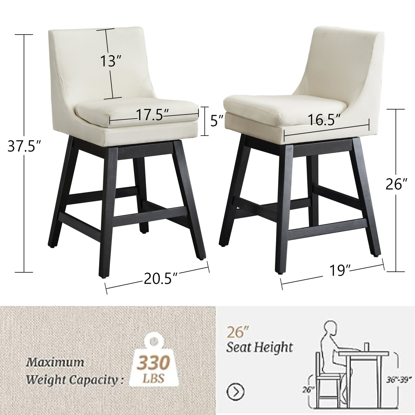 26" Upholstered Swivel Bar Stools Set of 2  Ergonomic Design and Wood Frame