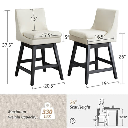 26" Upholstered Swivel Bar Stools Set of 2  Ergonomic Design and Wood Frame