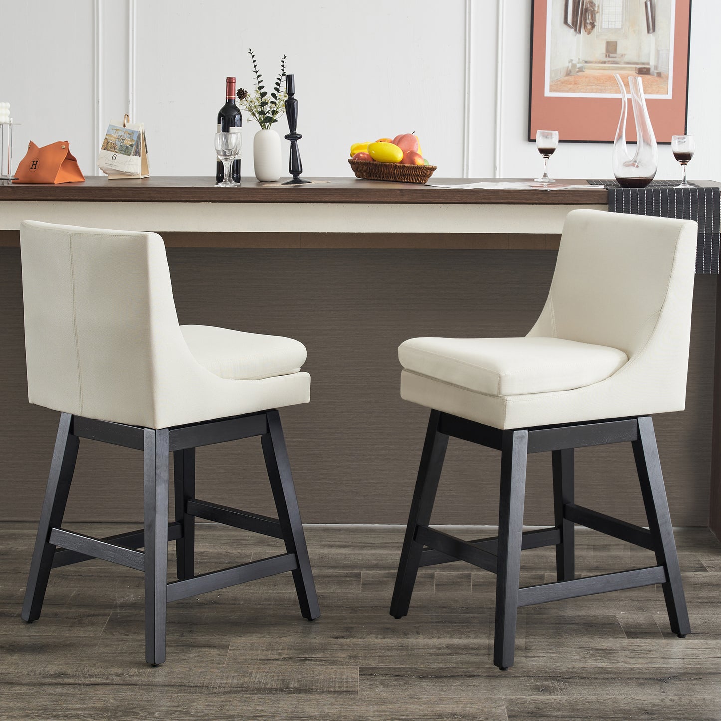 26" Upholstered Swivel Bar Stools Set of 2  Ergonomic Design and Wood Frame