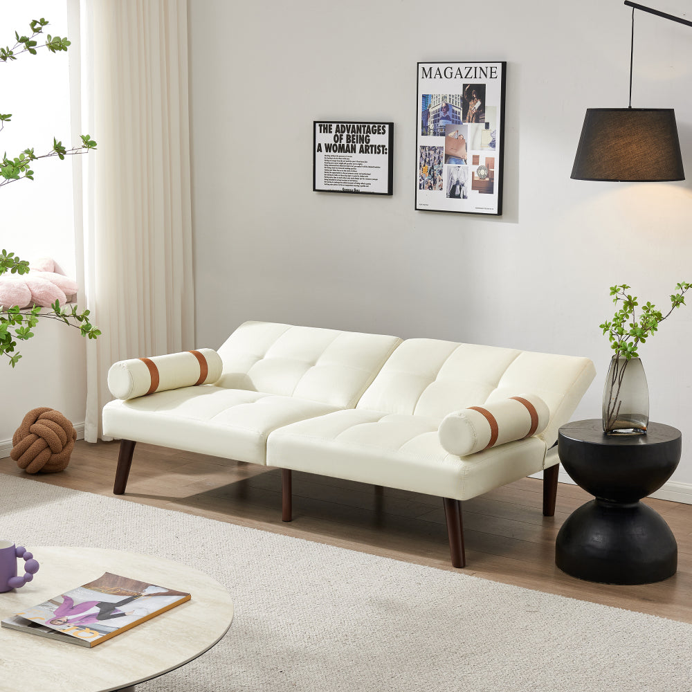 Convertible Sofa Loveseat Bed Futon with Solid Wood Legs Linen Fabric Ivory