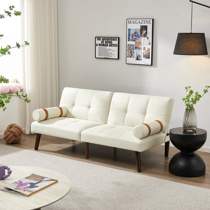 Convertible Sofa Loveseat Bed Futon with Solid Wood Legs Linen Fabric Ivory