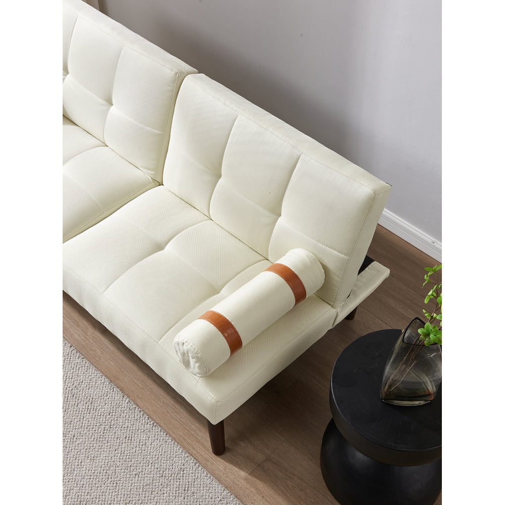 Convertible Sofa Loveseat Bed Futon with Solid Wood Legs Linen Fabric Ivory