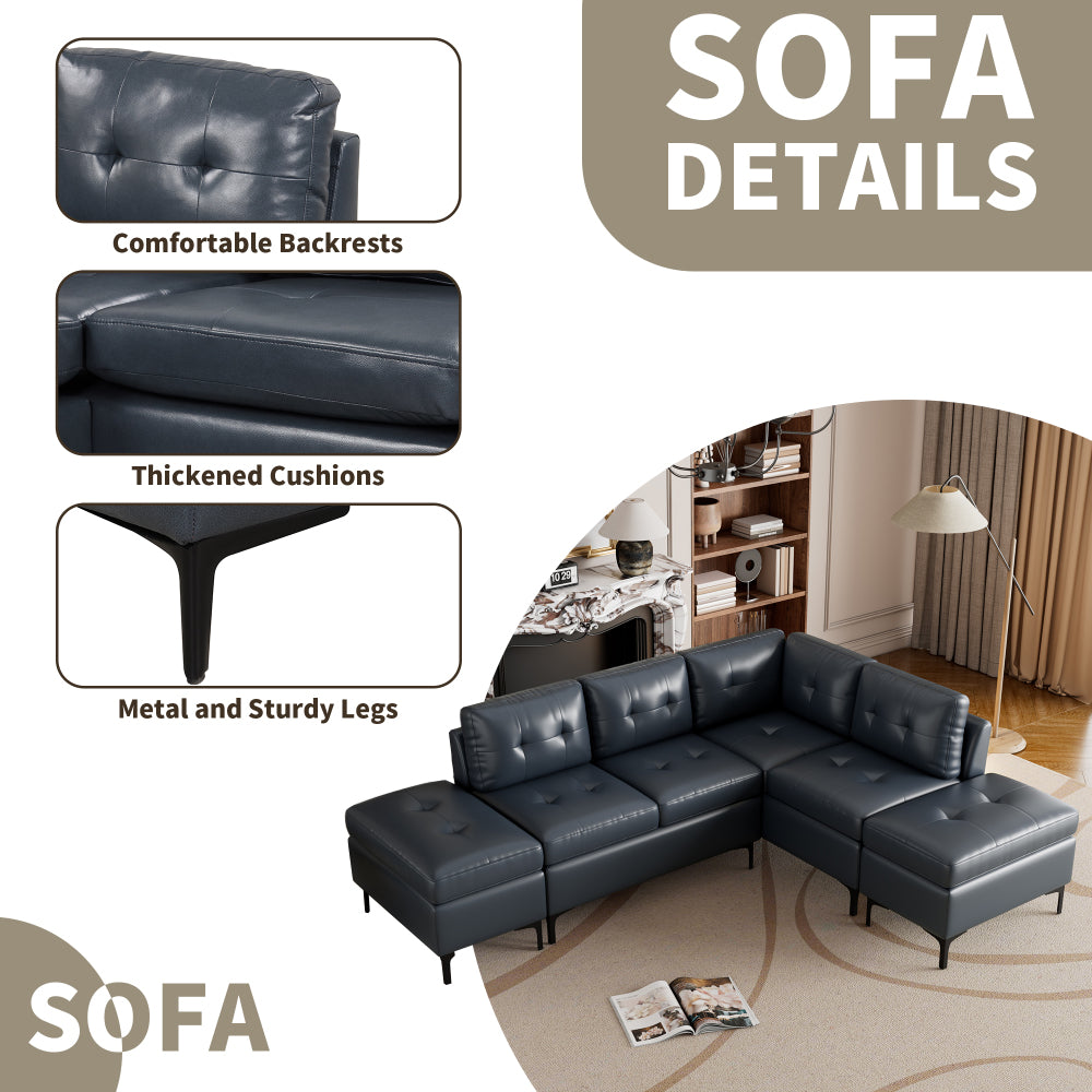 94.88" L-Shaped Corner Sofa Pu Leather Sectional Sofa Couch with Movable Storage Ottomans for Living Room