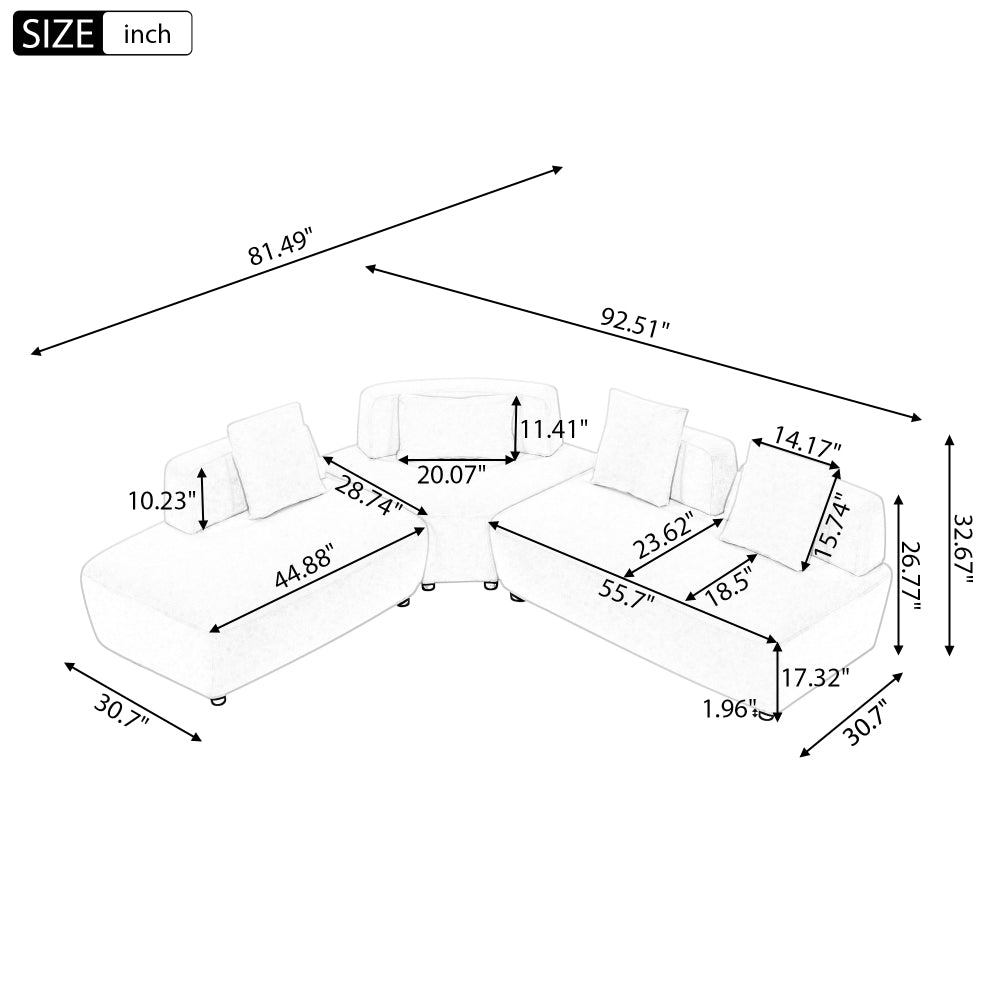 Contemporary 3-piece Sectional Sofa Free Convertible sofa with Four Removable Pillows for Living Room
