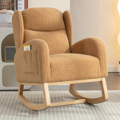 Teddy Fabric Rocking Chair With Packet Wood Legs,Khaki