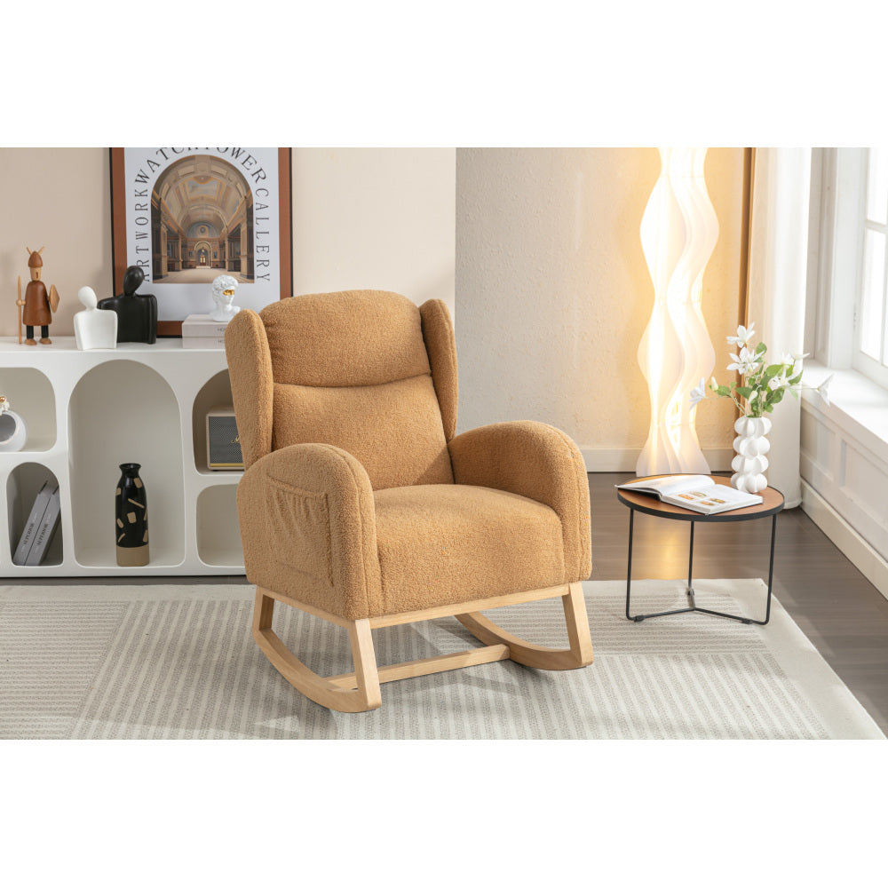 Teddy Fabric Rocking Chair With Packet Wood Legs,Khaki