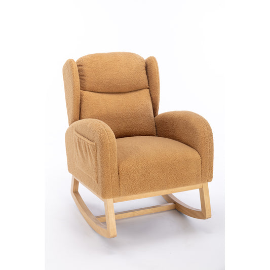 Teddy Fabric Rocking Chair With Packet Wood Legs,Khaki