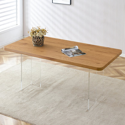 A modern minimalist wooden table with acrylic legs and rectangular tables. Computer desk. Dining table.