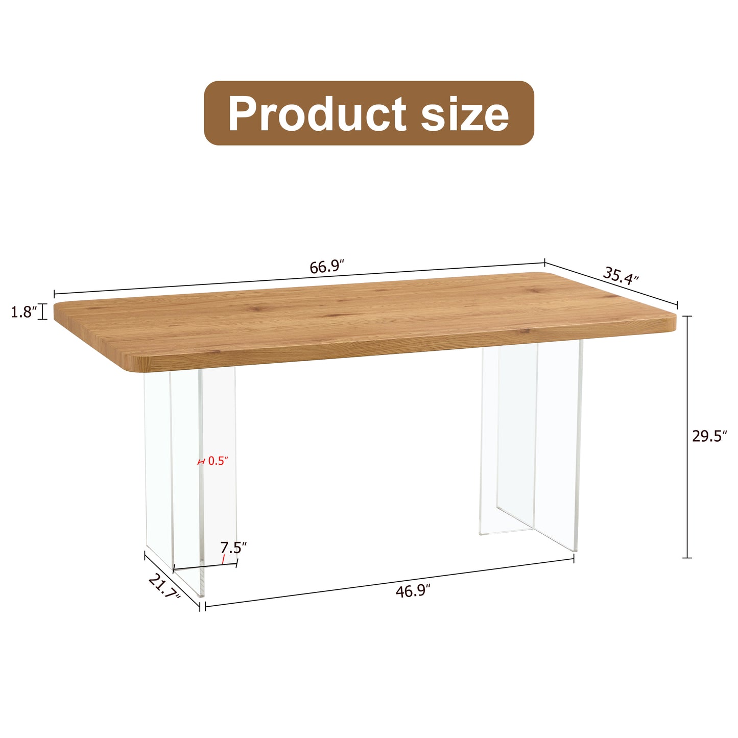 A modern minimalist wooden table with acrylic legs and rectangular tables. Computer desk. Dining table.