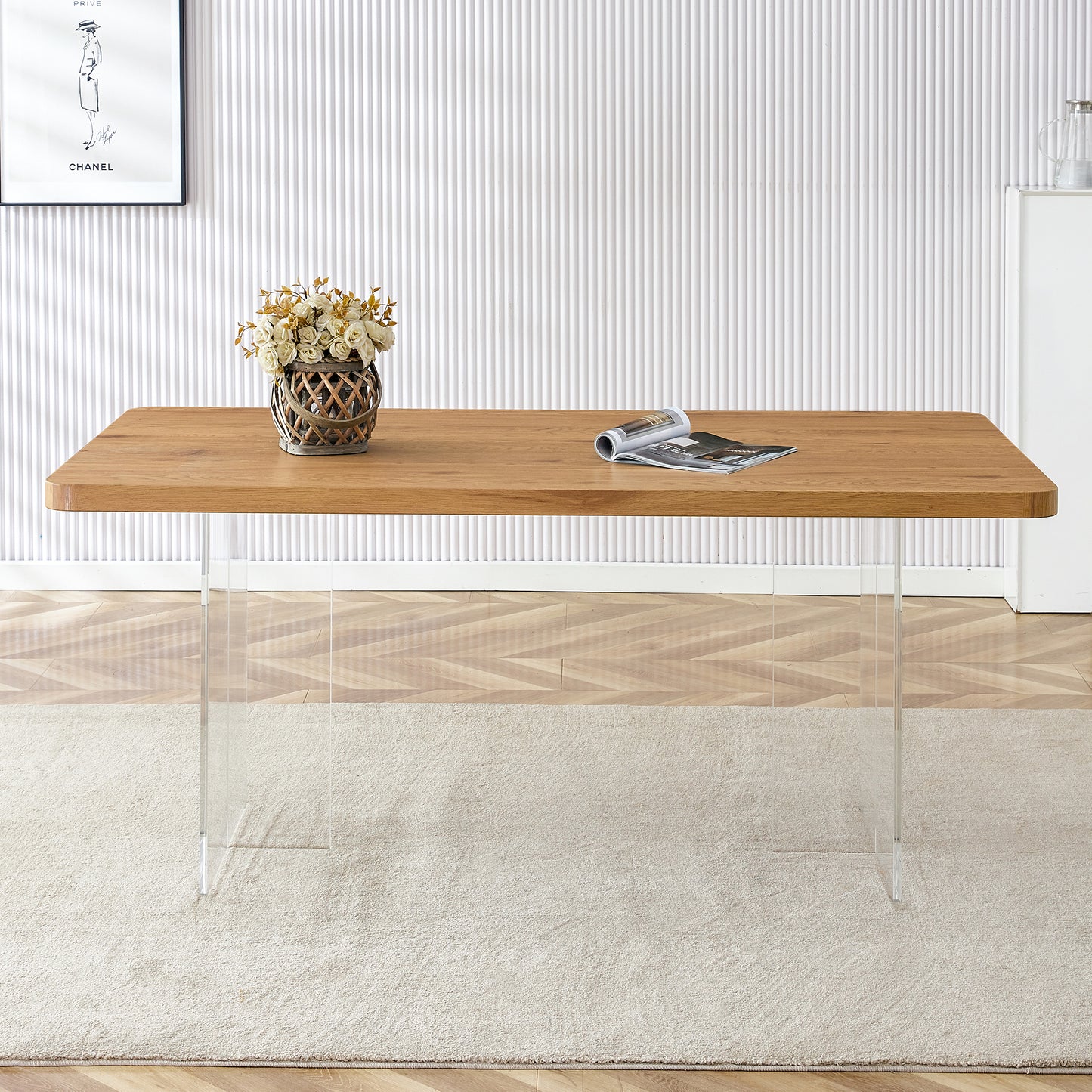 A modern minimalist wooden table with acrylic legs and rectangular tables. Computer desk. Dining table.