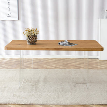 A modern minimalist wooden table with acrylic legs and rectangular tables. Computer desk. Dining table.