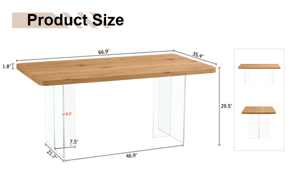 A modern minimalist wooden table with acrylic legs and rectangular tables. Computer desk. Dining table.