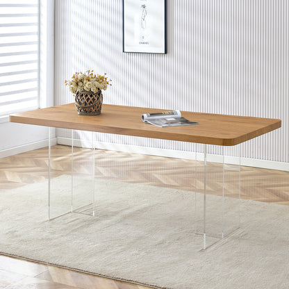 A modern minimalist wooden table with acrylic legs and rectangular tables. Computer desk. Dining table.