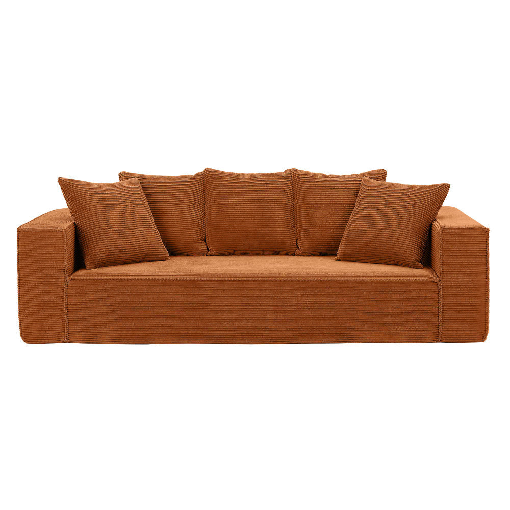 88.97inch Corduroy Sofa with 5 Matching Toss Pillows, Sleek Design, Spacious and Comfortable 3 Seater Couch for Modern Living Room.