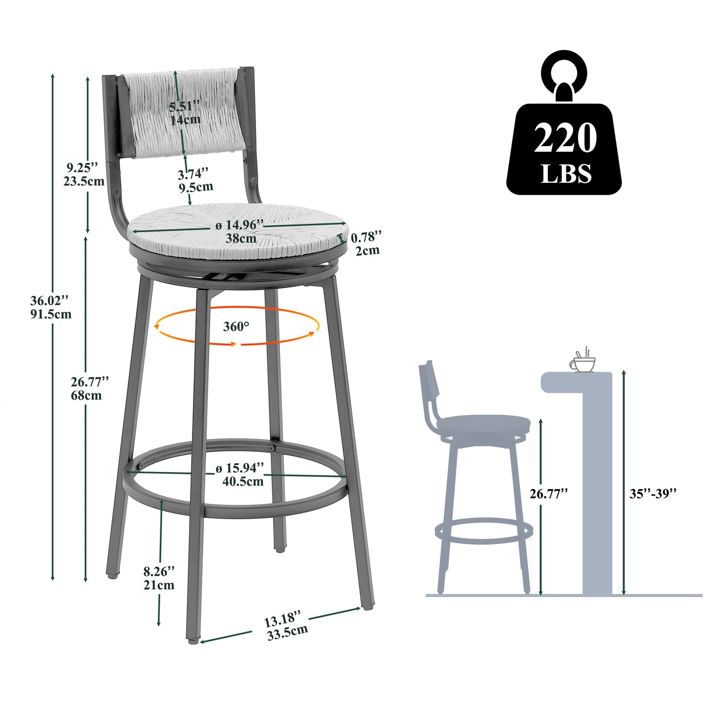 Set of 2 Counter Height Bar Stools with Footrest Swivel Hand Weaving Dining Chairs