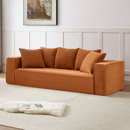 88.97inch Corduroy Sofa with 5 Matching Toss Pillows, Sleek Design, Spacious and Comfortable 3 Seater Couch for Modern Living Room.