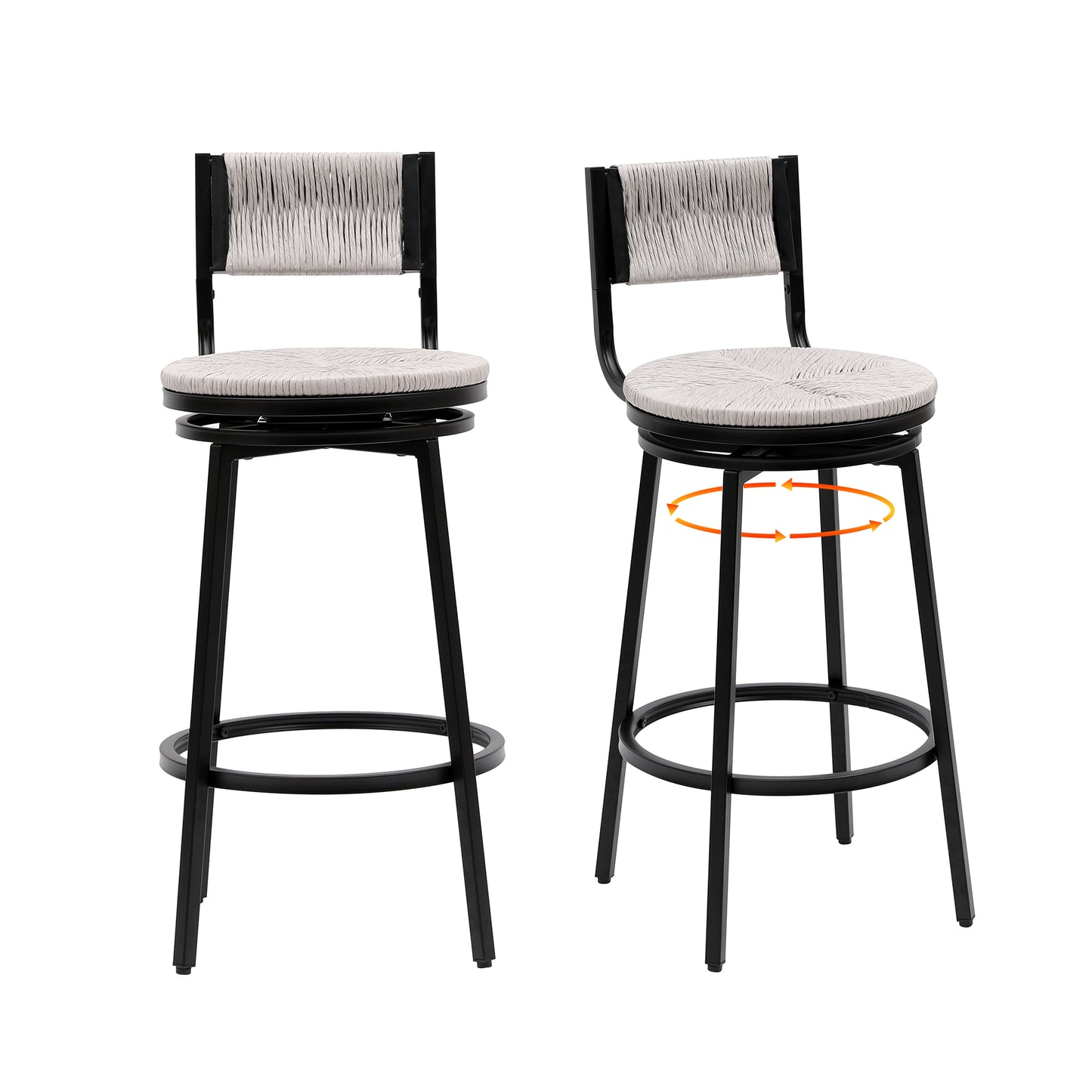 Set of 2 Counter Height Bar Stools with Footrest Swivel Hand Weaving Dining Chairs