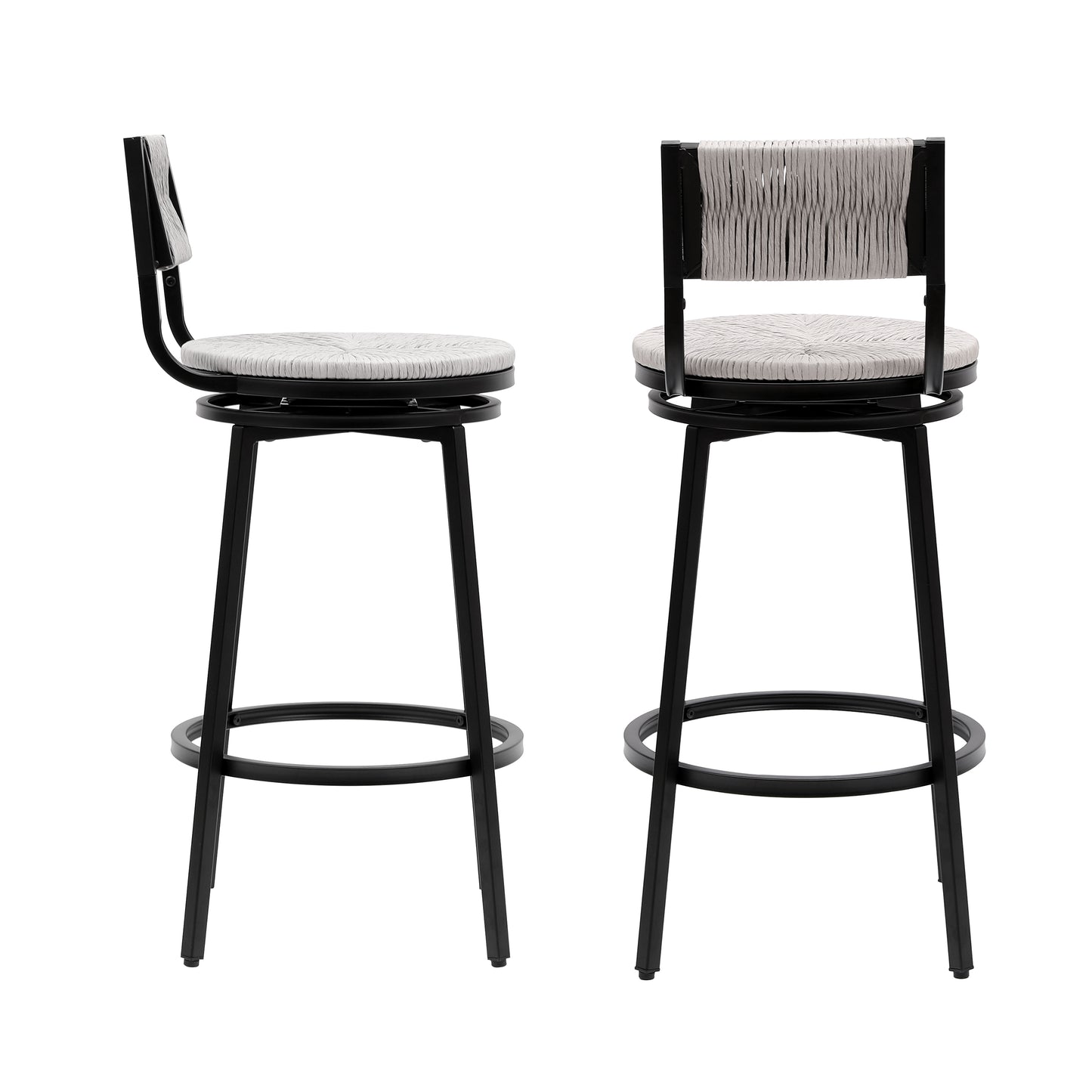 Set of 2 Counter Height Bar Stools with Footrest Swivel Hand Weaving Dining Chairs