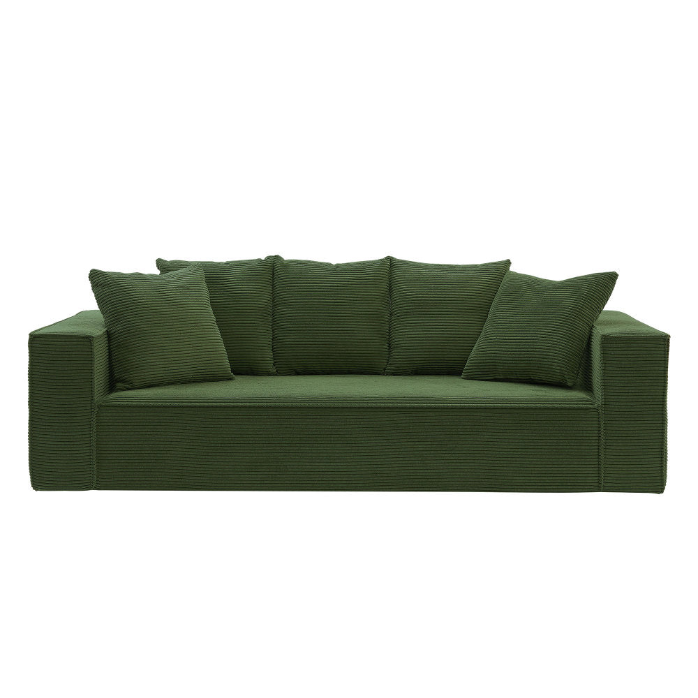 88.97inch Corduroy Sofa with 5 Matching Toss Pillows, Sleek Design, Spacious and Comfortable 3 Seater Couch for Modern Living Room.