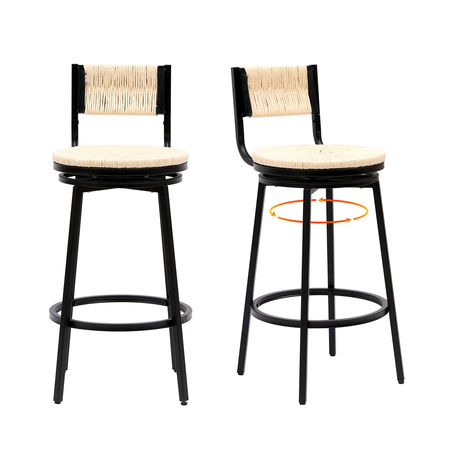 Set of 2 Counter Height Bar Stools with Footrest Swivel Hand Weaving Dining Chairs